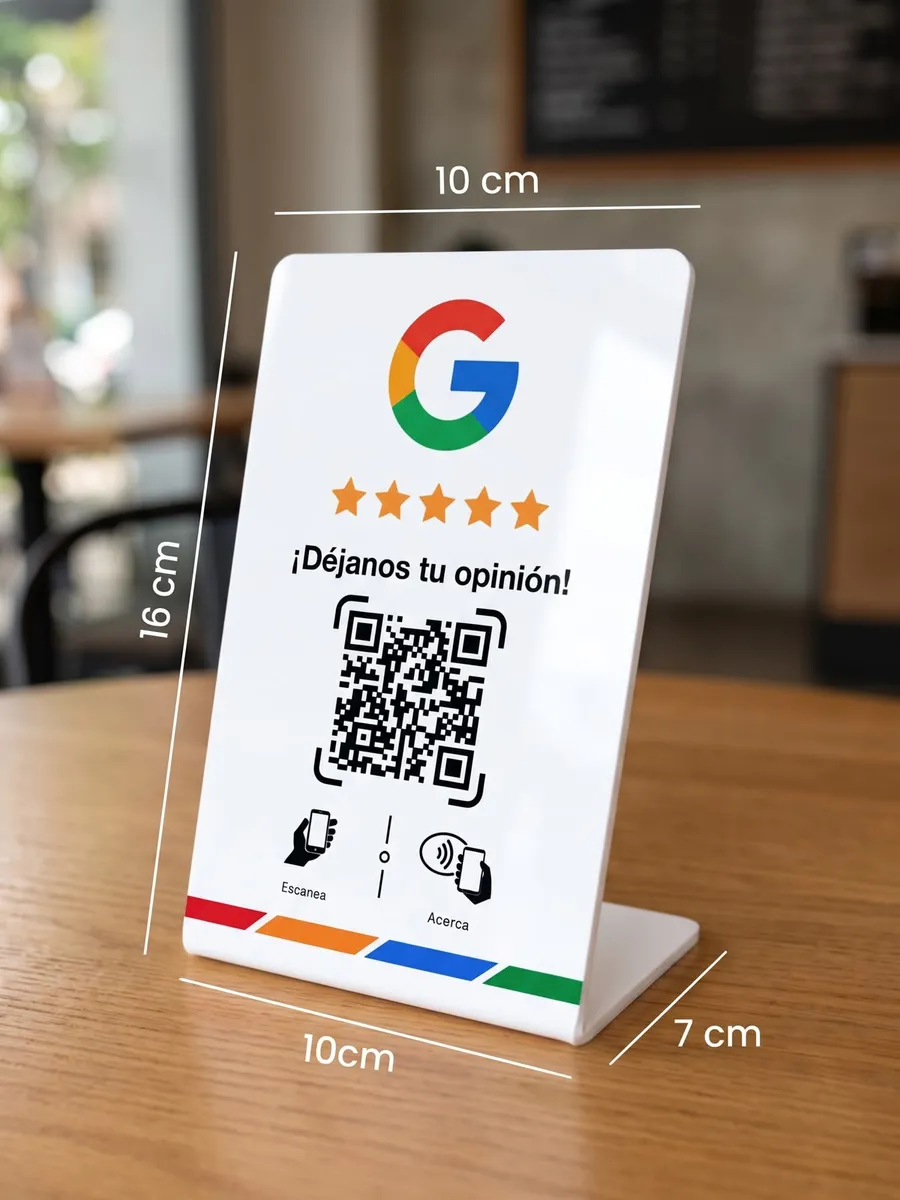 Stand de Altoque Reviews sobre la mesa de un café, con sus medidas: 10 cm de ancho, 16 cm de alto y 7 cm de base